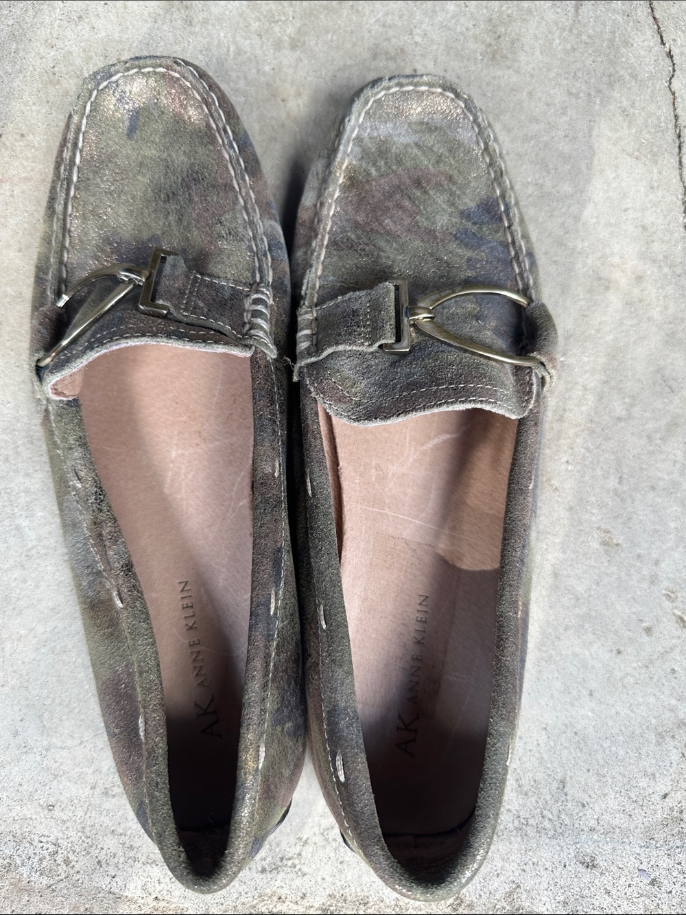 Anne Klein Camouflage Olive Green Suede Loafers with Bridle Accent